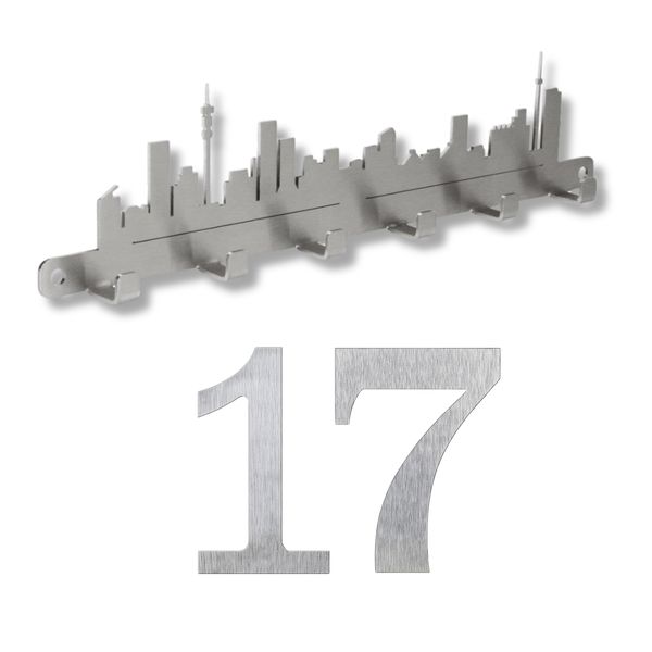 Stainless Steel Johannesburg Skyline Key Hanger with 228mm House Numbers