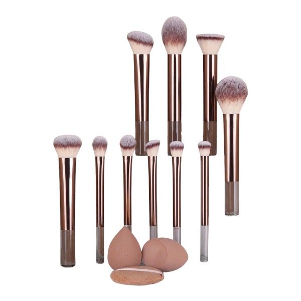 13-Piece Makeup Brush Set With Caramel Beauty Sponges - Coffee Brown