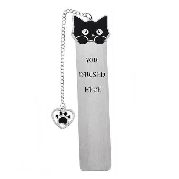 Cute Cat Metal Bookmark with Chain and Paw Charm - Silver