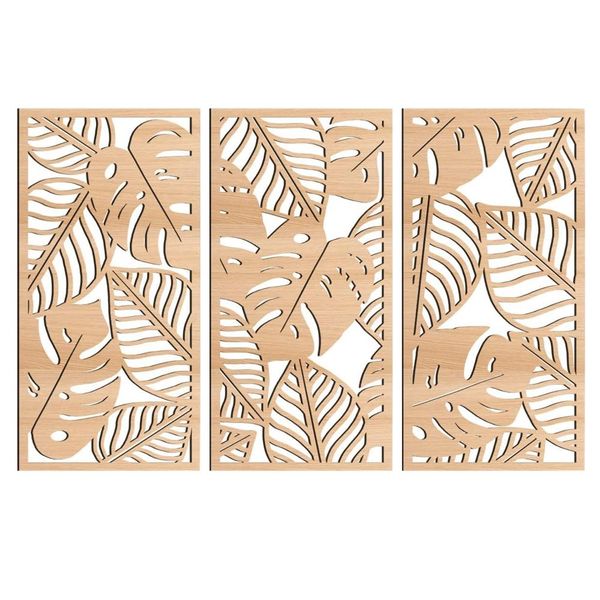 Decor Tropical Palm Leaf Geometric Framed Natural Wood Wall Art 3 Piece -(40cm)