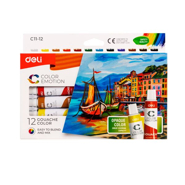 Deli Gouache 12 Colours 12ml Tube, Non-toxic