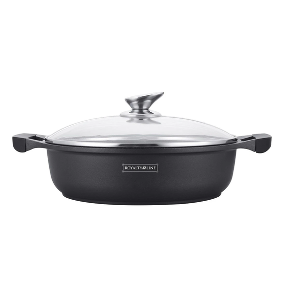 Royalty Line 28cm Marble Coating Low Wide Casserole with Lid - Black