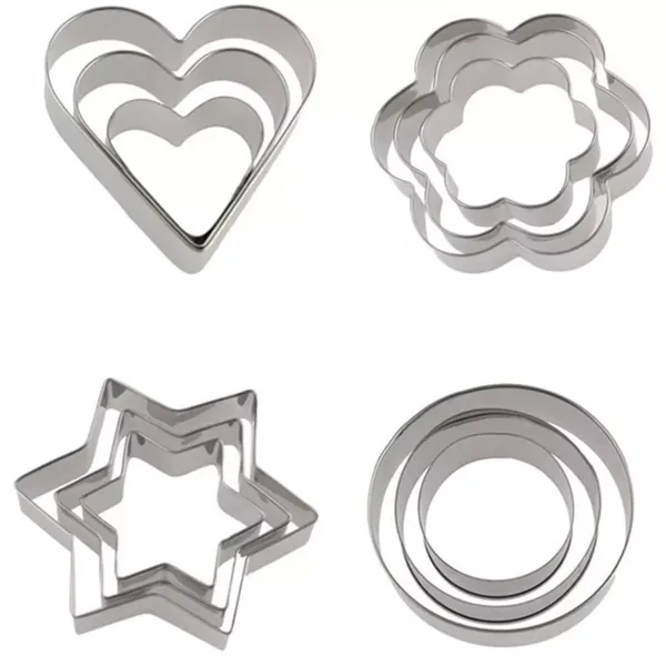 12 Pieces Of Heart, Round, Star, &amp; Flower Cookie Cutter - Silver