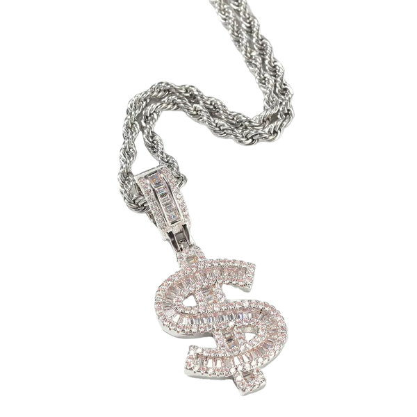 Baguette Dollar Sign Pendant Rope Chain