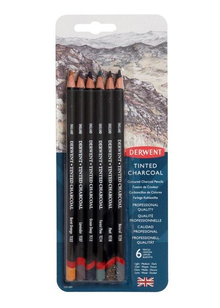 Derwent Tinted Charcoal Drawing Pencils, Set of 6, Watersoluble, 2301689