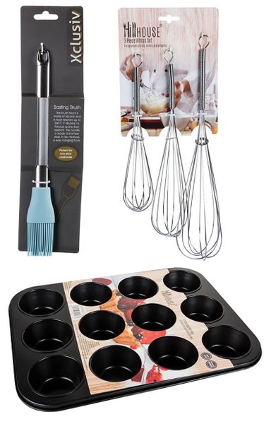Non Stick Muffin Pan 12 Hole + Pastry Brush Silicone + 3pc Whisk 30, 25 &amp; 20cm