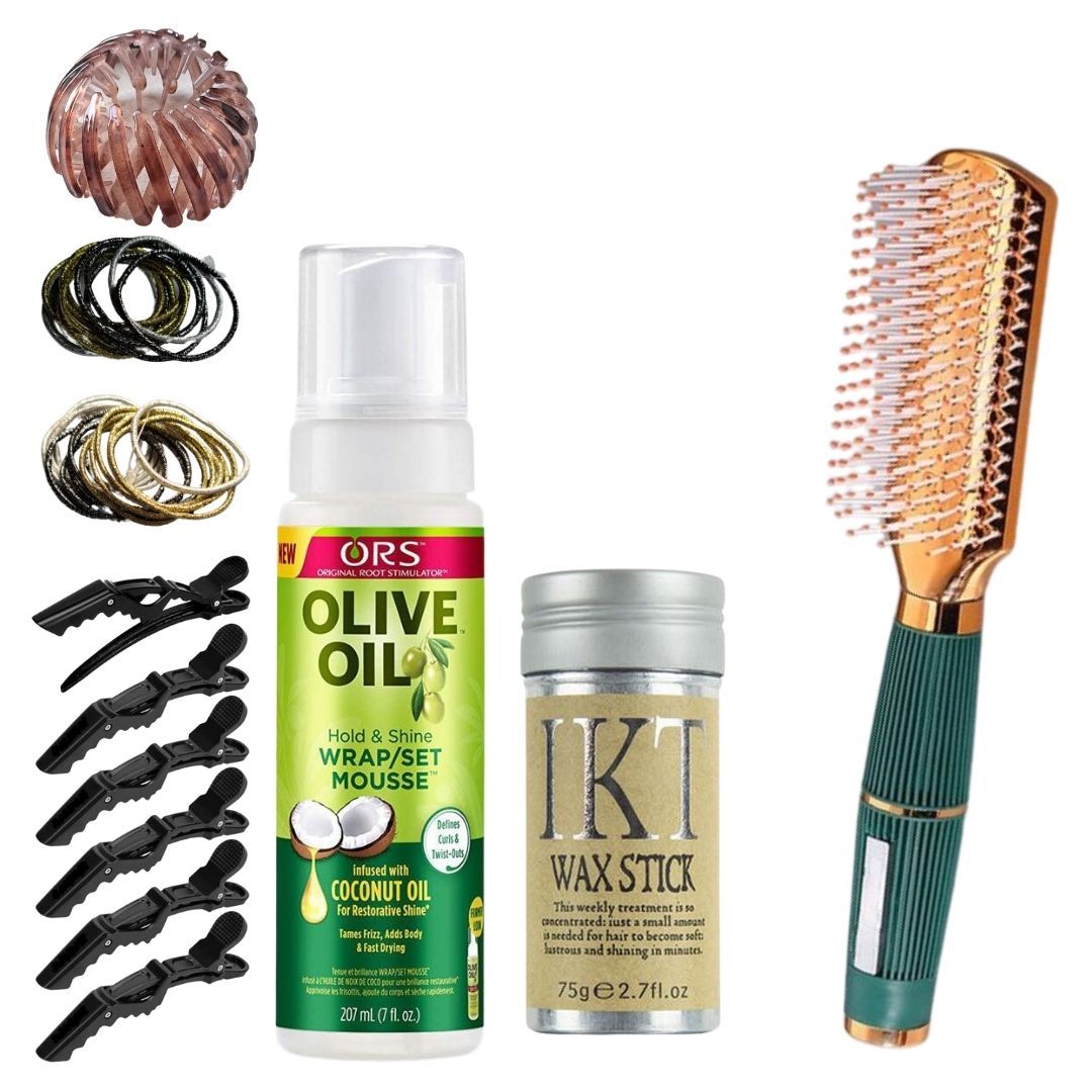 Hairbrush, olive mousse, wax stick, hair clips and hair styling tools