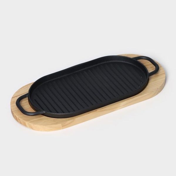 Skillet Striped Cast Iron Pan With Two Handle Grill Pan + Wooden Base