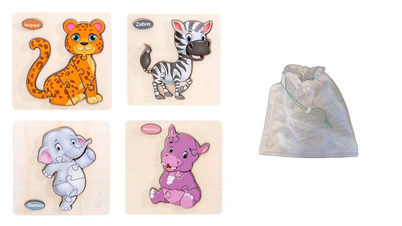 4 Piece Early Learning Wooden Puzzle Set and Bag