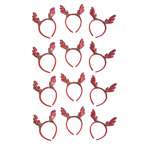 Pack of 12 Fun Christmas Headbands - Patterned Reindeer
