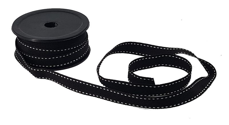 B.Moore - Black Petersham Ribbon with White stitch trim - 20 m