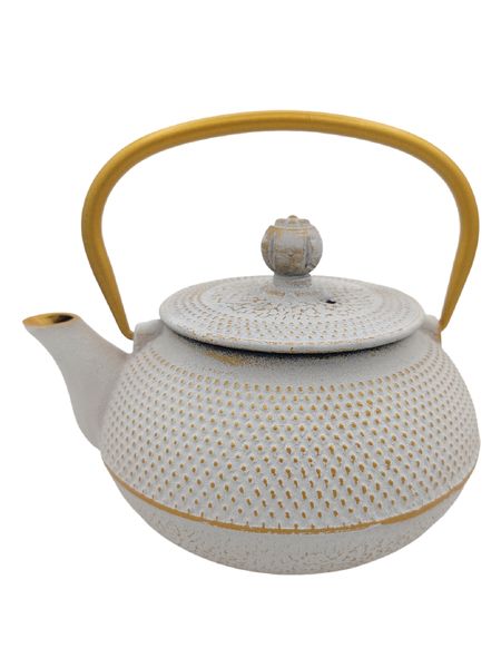 Cast Iron Teapot 600ml - White With Gold Handle - The Cildan Tea Merchant