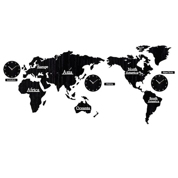 DIY 3D Wooden World map Wall Clock (Black)