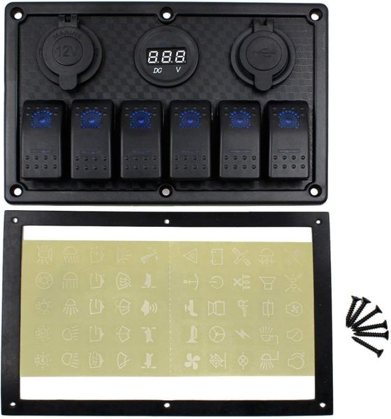 6 Gang Waterproof Rocker Switch Panel with DC 5V 3.1A Dual USB Charger