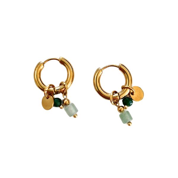 Jane Fields - Mini Charm Hoops - Green Charm - Gold