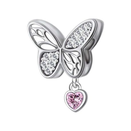 S925 Sterling Silver Butterfly Charm With Heart Gem - Pink & Silver Image