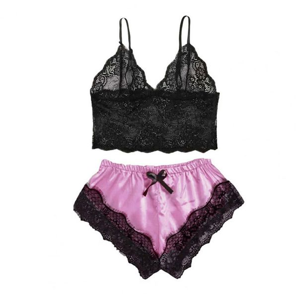 Women Sleepwear Lingerie Lace Silk Crop Tops and Shorts Sets