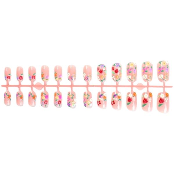 24 Piece - Almond Shape Flower Design Acrylic Nails - Multicolor