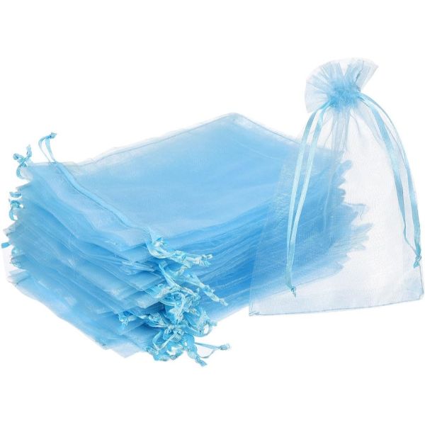 100Pcs 10x15cm Organza Bags, Clear Mesh Pouches, Wedding Jewelry Bags -Blue