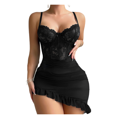 Sexy Lingerie for Women Lace Babydoll Ruffle Hem Hip Dress Bra Nightgown- L Image