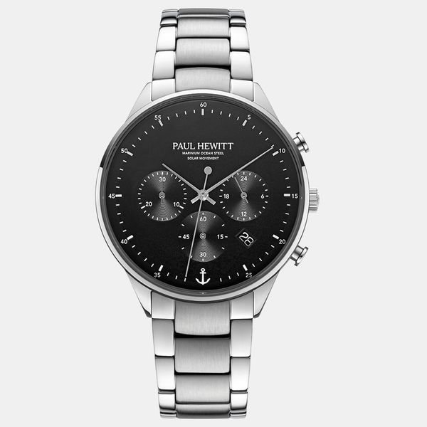 Paul Hewitt Mens Chrono 42mm Solar Watch Stainless Steel Strap Black Dial
