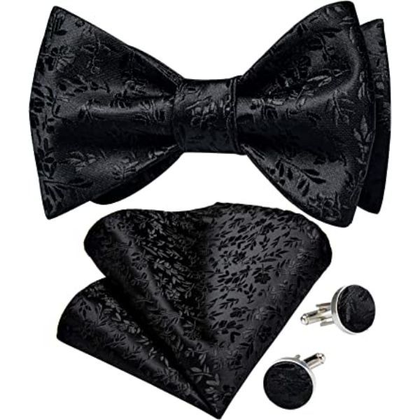 Men's Silk Bow Tie Cufflinks And Pocket Square Set In Black Floral
