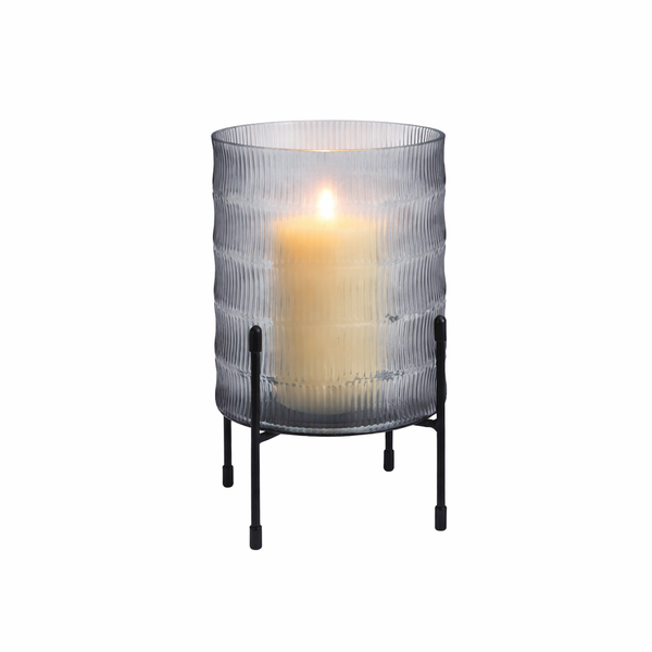 Ribbed Glass Candle Holder with Metal Stand - Modern Decorative Lantern