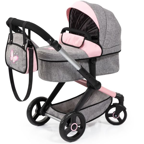 Bayer Xeo Dolls Pram - Butterfly With Shoulder Bag - Pink/Grey - 41cm Tall