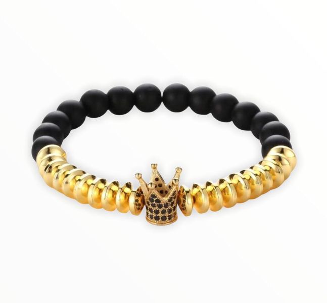 Argent Craft Black Matte Agate Stone Bracelet with Rings &amp; Gold Crown