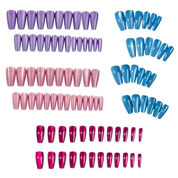 96-Piece Shimmering Long Coffin Press On Nails With Glossy Finish -Multicolor