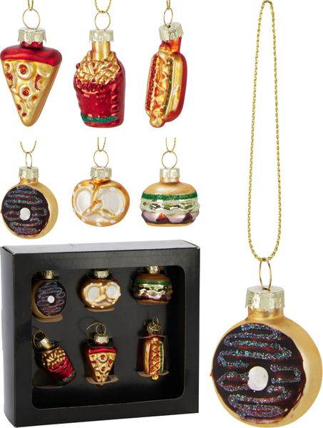 Glass Food Hanging Ornaments - Set of 6, Gold Caps, Gift Boxed