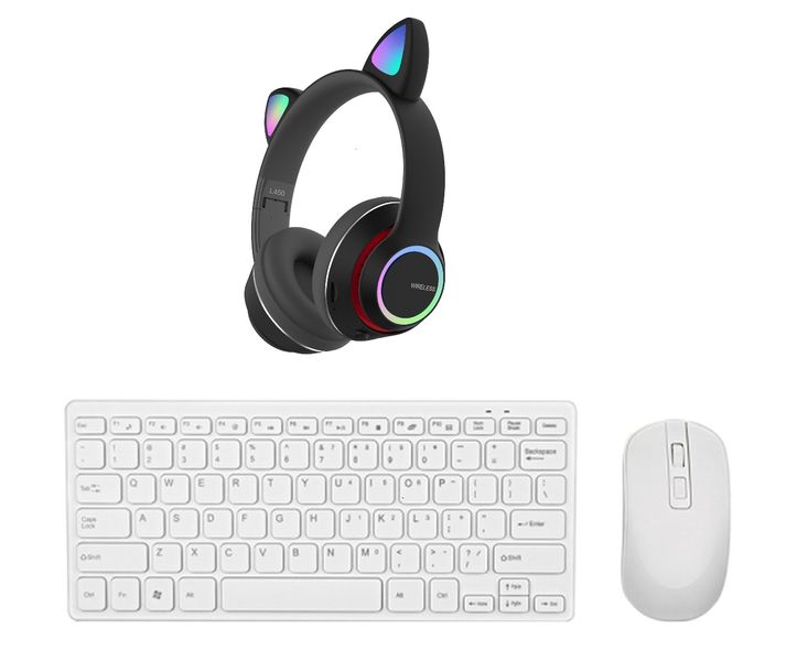 Wireless Keyboard Mouse White and Black Cat Headphone Combo