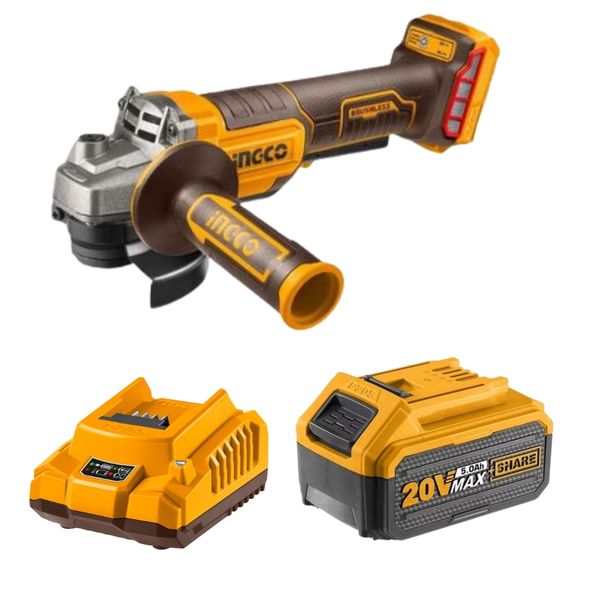 Ingco - Li-Ion Cordless Angle Grinder (20V) with 5.0 Ah Battery &amp; Charger