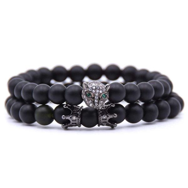 Argent Craft Black Matte Agate Stone Bracelet with Crowns &amp; Cheetah - Gold