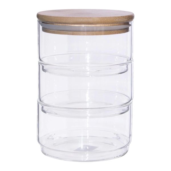 Canister 3 Tier Glass With Wooden Lid