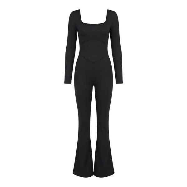 Elegant Long Sleeve Flare Leg Jumpsuit - Slim Fit High Waist Bodysuit