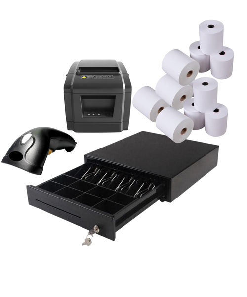 4-in-1 POS Kit with Cash Drawer | Scanner | Receipt Printer &amp; 10 Till Rolls