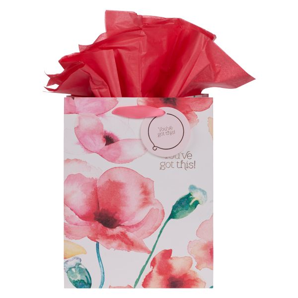 Medium Gift Bag with Gift Tag - You've Got This! Coral Poppies