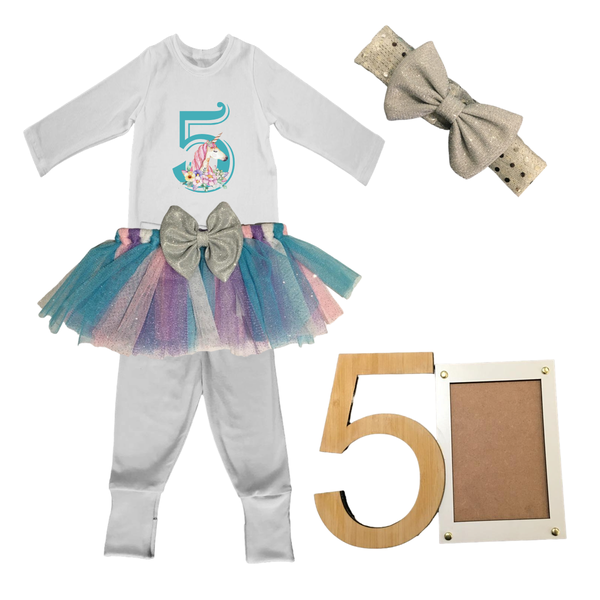 5th Birthday- Bright Unicorn Tutu With Headband And Photo Frame / 5