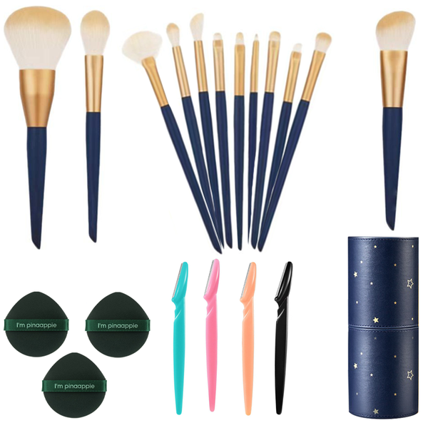 12 Pieces Makeup Brushes Set with 4 Eyebrow Razor &amp; 3 Make-up Puff Sponges