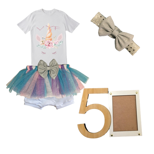 5th Birthday- Bright Unicorn Tutu Outfit-Short Sleeve With Photo Frame-Afr