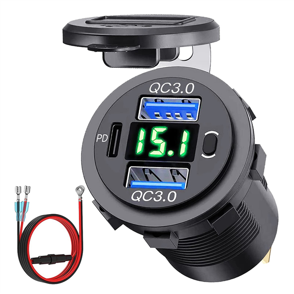 12V USB Outlet Dual Quick Charge with Voltmeter and Power Switch