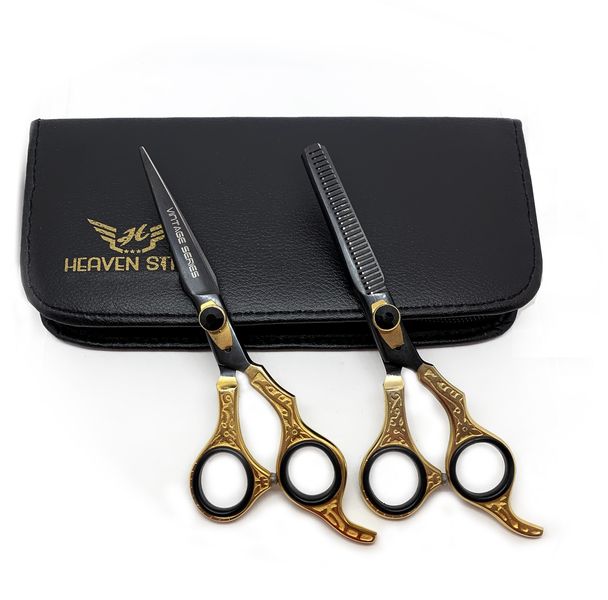 Barber Hairdressing Scissor &amp; Thinning Shear 6.5" Vintage Gold Black Series