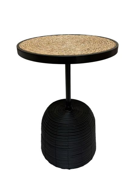 Round Seagrass &amp; Black Rattan Side/coffee Table for Living Room/Bedroom