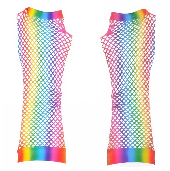 Rainbow Fishnet Mesh Long Fingerless Gloves