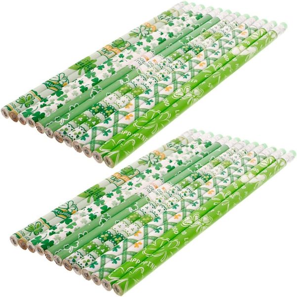 St Patrick's Day 24pcs Wooden Pencils with Erasers Shamrock Pattern