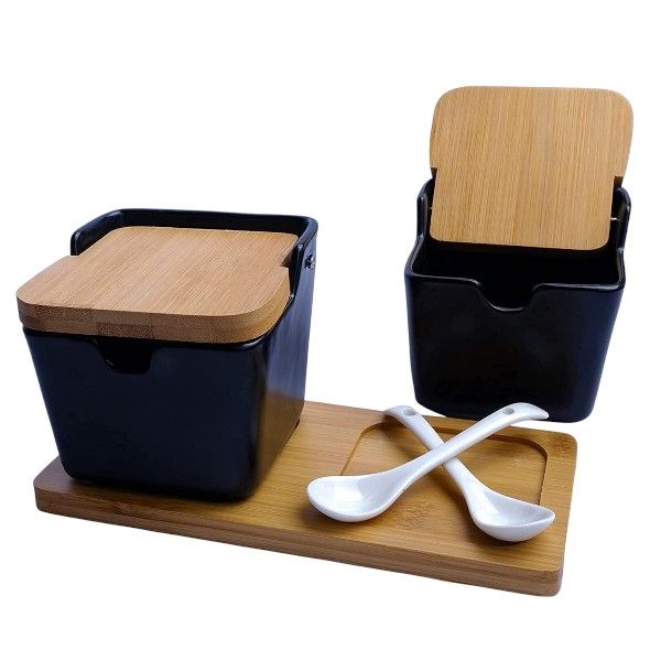 2-Piece Ceramic Spice Jar Set with Bamboo Lids, Spoons &amp; Stand - Black