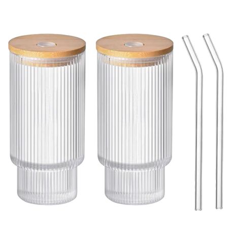 CAYOREPO 6 Pcs Set 16oz Ribbed Drinking Glasses with Bamboo Lids and  Straws, Ribbed Glass Cups, Stac…See more CAYOREPO 6 Pcs Set 16oz Ribbed  Drinking