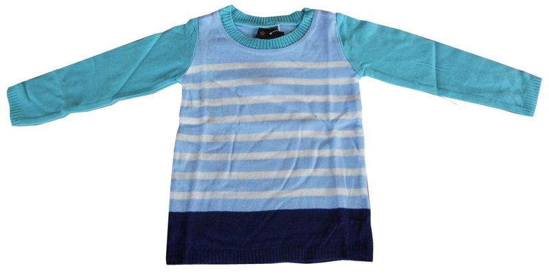 Kids' Striped Blue Top with Solid Light Blue Sleeves and Dark Blue Hem