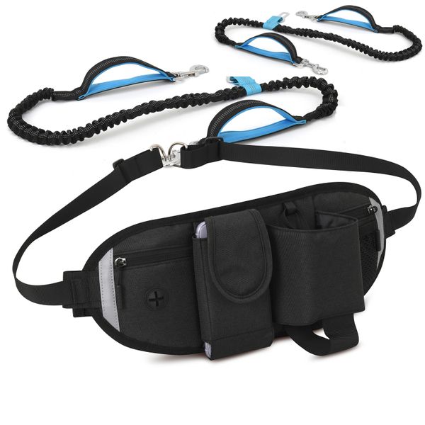 Dog Leash Hands Free Adjustable with Waist Bag Walking Reflective Bungee